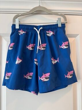 Kids Blue Shark Print Swim Trunks - Pink Sharks